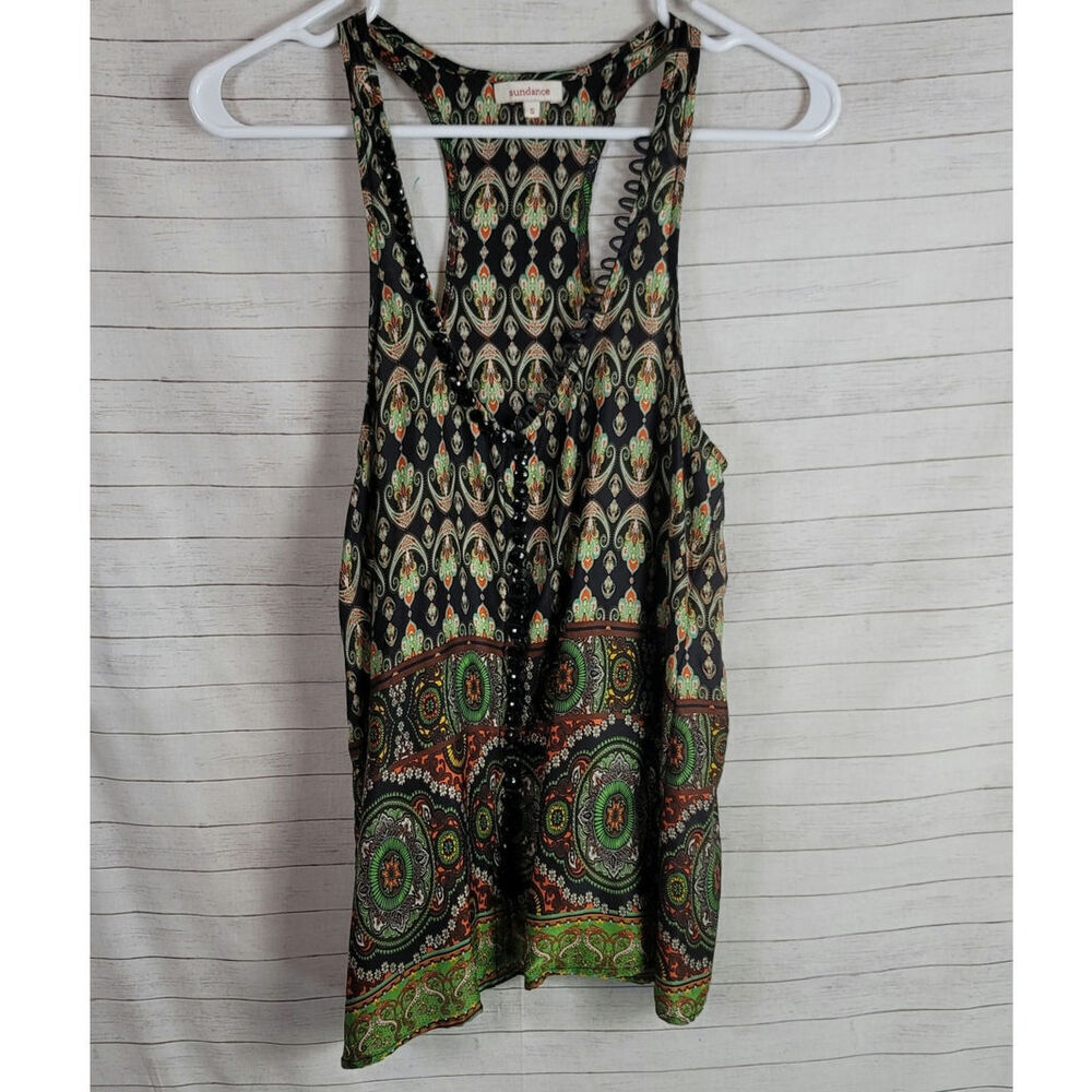 SUNDANCE 100% SILK GRAPHIC RACER BACK TANK, SZ SMALL